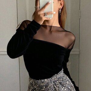 Black Casual Women's Mesh Long Sleeve Blouse